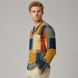 Men's Long Sleeve Shirt | Henley Placket & Patchwork Print