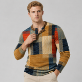 Men's Long Sleeve Shirt | Henley Placket & Patchwork Print