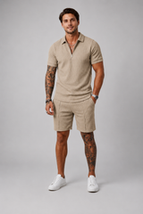 Men's Two Piece Set | Zip Polo Shirt & Textured Matching Shorts