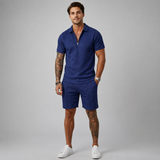 Men's Two Piece Set | Zip Polo Shirt & Textured Matching Shorts