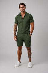 Men's Two Piece Set | Zip Polo Shirt & Textured Matching Shorts