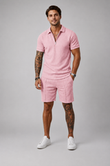 Men's Two Piece Set | Zip Polo Shirt & Textured Matching Shorts
