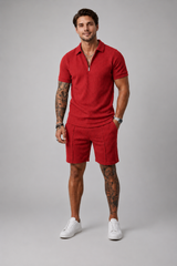 Men's Two Piece Set | Zip Polo Shirt & Textured Matching Shorts