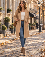 Women's Long Cardigan | Lapel Collar & Patch Pockets
