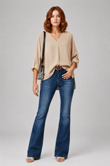 Women's Blouse | V-Neck & Roll-Up Sleeves