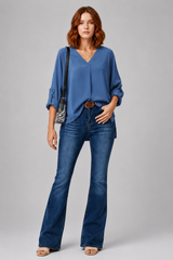 Women's Blouse | V-Neck & Roll-Up Sleeves