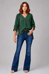 Women's Blouse | V-Neck & Roll-Up Sleeves