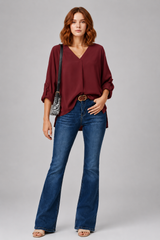 Women's Blouse | V-Neck & Roll-Up Sleeves