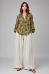 Women Blouse | Vintage Leaf Print & V-Neck