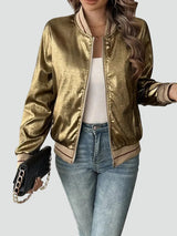 Women's shiny bomber jacket with zipper and pockets 1