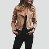 Women's leather look biker jacket with asymmetric zipper 1
