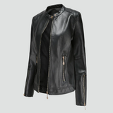 Women's biker jacket made of eco-friendly leather with zipper and stand-up collar 4