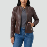 Women's biker jacket made of eco-friendly leather with zipper and stand-up collar 0