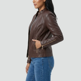 Women's biker jacket made of eco-friendly leather with zipper and stand-up collar 1