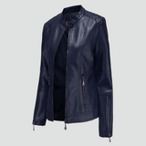 Women's biker jacket made of eco-friendly leather with zipper and stand-up collar 5