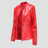 Women's biker jacket made of eco-friendly leather with zipper and stand-up collar 6