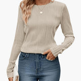 Women's Ribbed Long Sleeve Top with Round Neckline and Fitted Fit 0