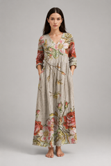 Women's Maxi Dress | Vintage Floral, V-Neck & Side Pockets