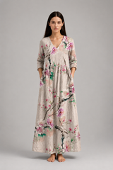 Women's Maxi Dress | Vintage Floral, V-Neck & Side Pockets