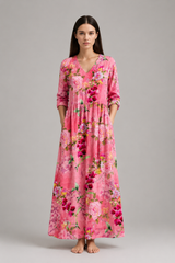 Women's Maxi Dress | Vintage Floral, V-Neck & Side Pockets
