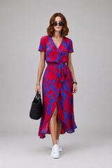 Women's Midi Dress | Floral Wrap, V-Neck & Tie Waist