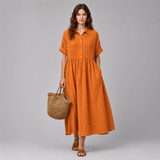 Women's Midi Dress | Pleated Button-Down Shirt Dress