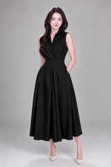 Women's Midi Dress | Sleeveless, Shirt Collar & Twisted Waist Detail