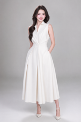 Women's Midi Dress | Sleeveless, Shirt Collar & Twisted Waist Detail