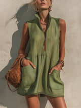 Women's Sleeveless Mini Dress | Half-Zip A-Line Design 1