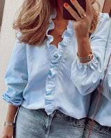 Women's Long Sleeve Blouse | Ruffle V-Neck for Elegant Wear