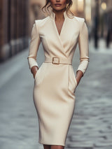 Black Lumina Wear belted sheath midi dress with mandarin collar, featuring a sleek, tailored design and stylish waist belt.