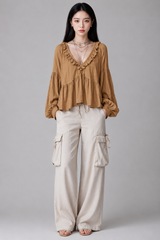 Women's Blouse | Boho Ruffle V-Neck, Balloon Sleeves & Tiered Smock