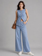 Women's Co Ord Denim Set | Structured Vest & Wide Leg Jeans