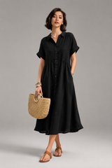 Women's Midi Dress | Striped Button-Down, Short Sleeve & Collar Shirt Style