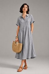 Women's Midi Dress | Striped Button-Down, Short Sleeve & Collar Shirt Style