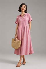 Women's Midi Dress | Striped Button-Down, Short Sleeve & Collar Shirt Style