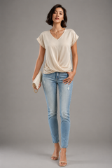 Women's Summer Top | V-Neck, Twist Front Hem & Short Sleeve