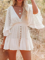 Women's V-Neck Mini Dress | Lace Sleeve Detail