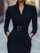 Black Lumina Wear belted sheath midi dress with mandarin collar, featuring a fitted silhouette and elegant design.