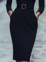 Lumina Wear belted midi sheath dress with mandarin collar in black, featuring a fitted silhouette and stylish design.