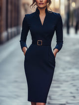 Black Lumina Wear belted sheath midi dress with mandarin collar and long sleeves, shown on a model.