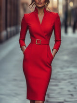 Lumina Wear belted sheath midi dress with mandarin collar in black, featuring a fitted silhouette and stylish design.
