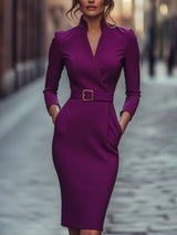 Black Lumina Wear belted sheath midi dress with mandarin collar, featuring a fitted silhouette and stylish design.